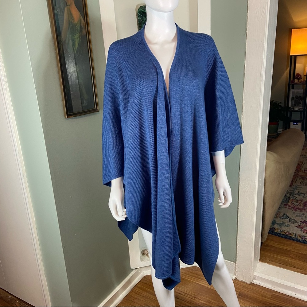 Pour Vous Peru Blue Baby Alpaca Silk Blue Sweater Knit Ruana Cape Wrap Shawl
